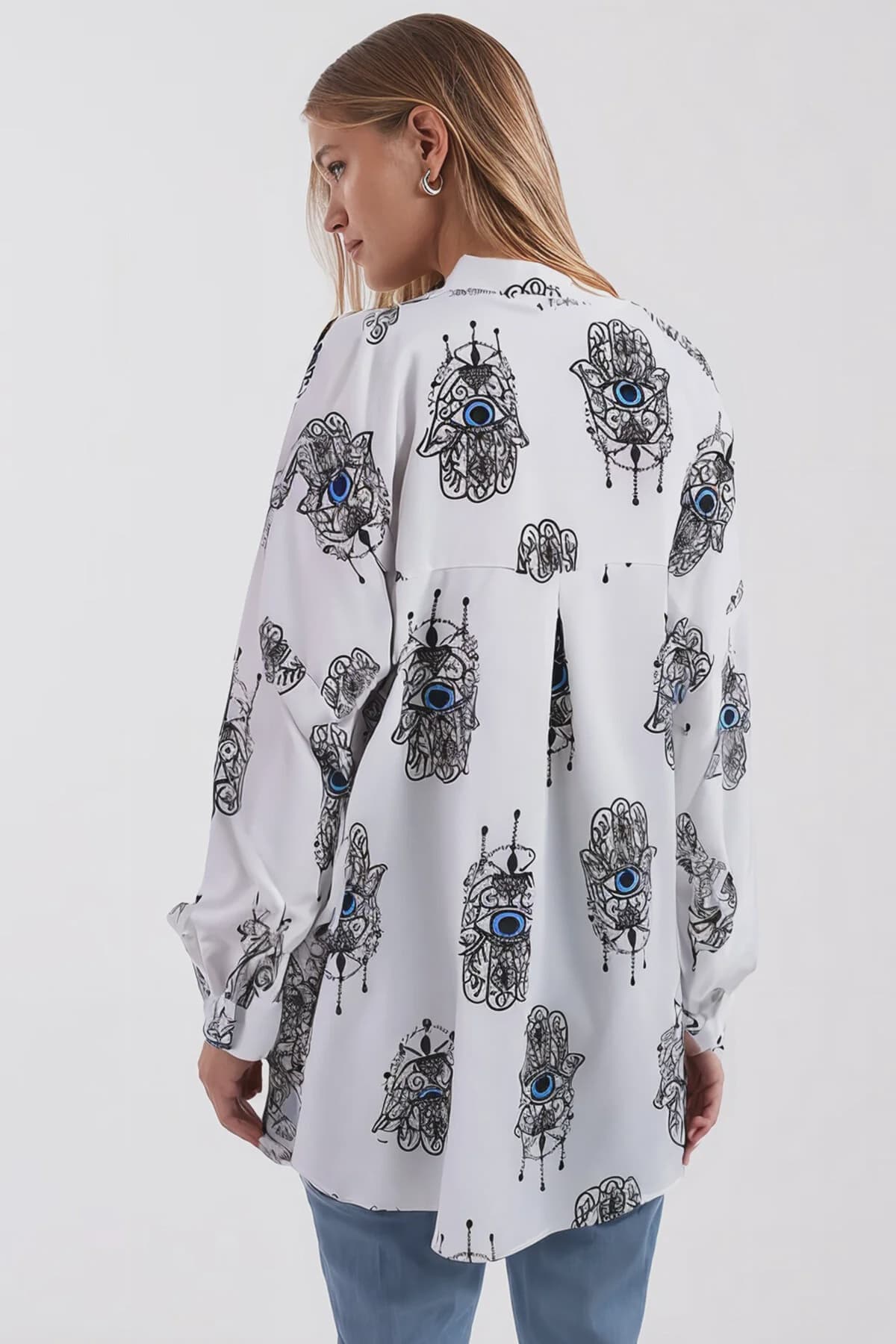 Kadın Açık Mavi Desenli Oversize Uzun Basic Tesettür Gömlek ARM-26K001075 3