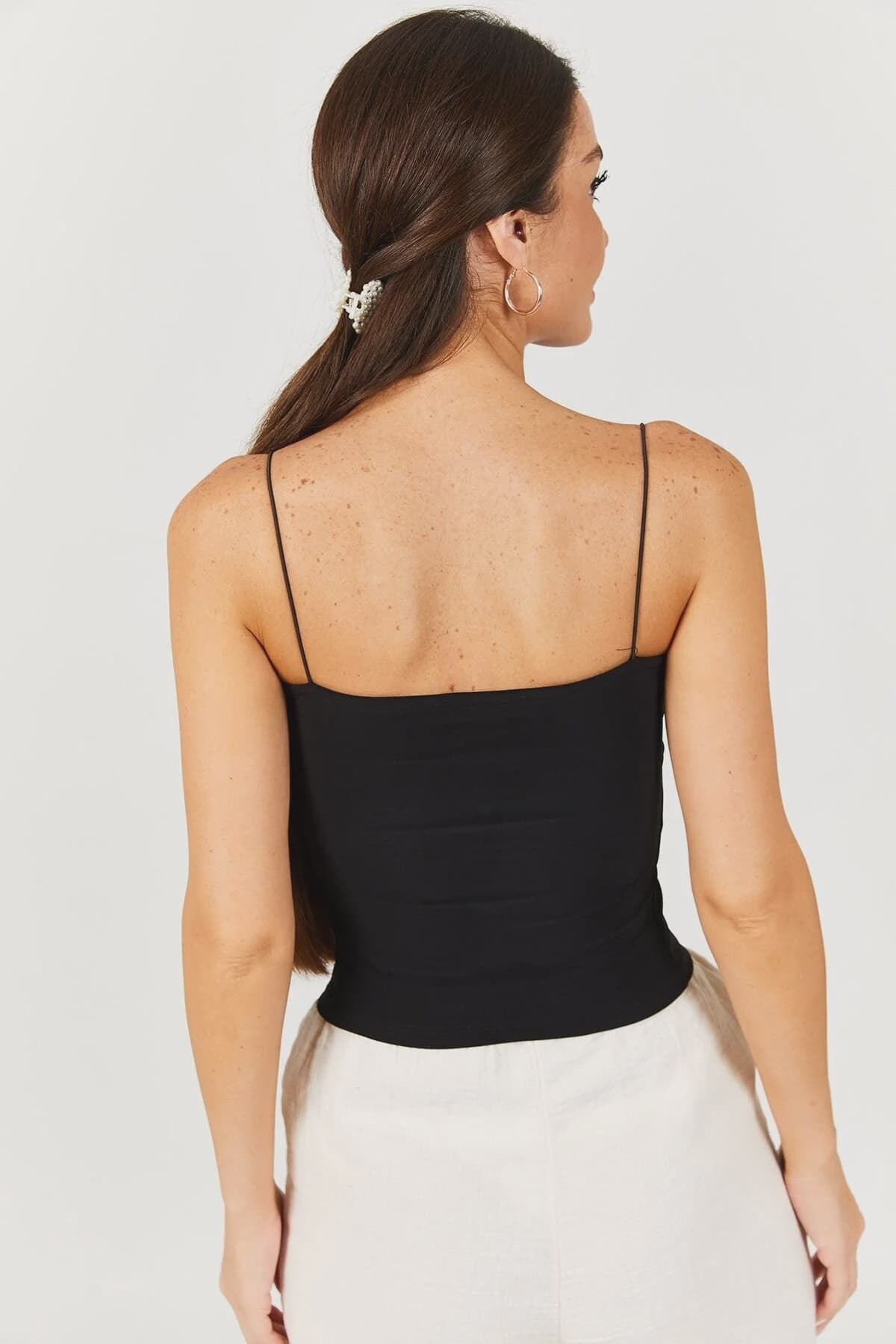 Kadın Siyah İp Askılı Astarlı Crop Bluz ARM-22Y055003 3
