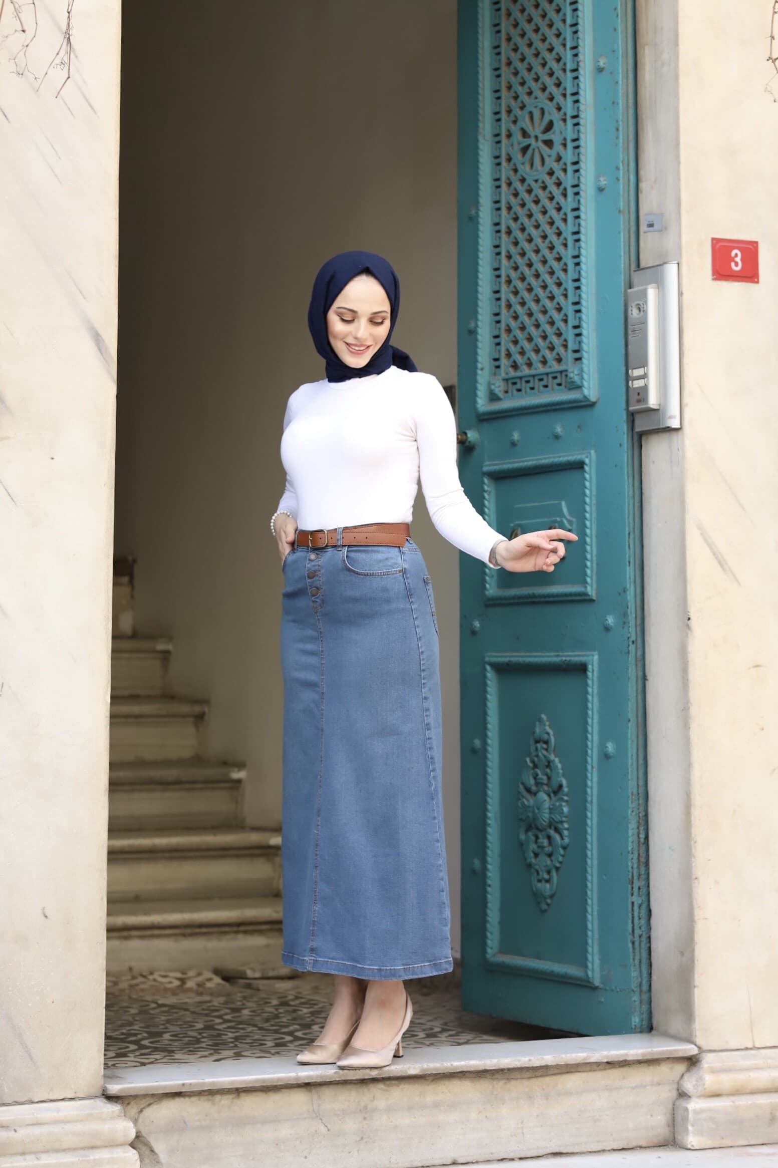 Doğal Kumaşlı Kemerli Kot Etek 2