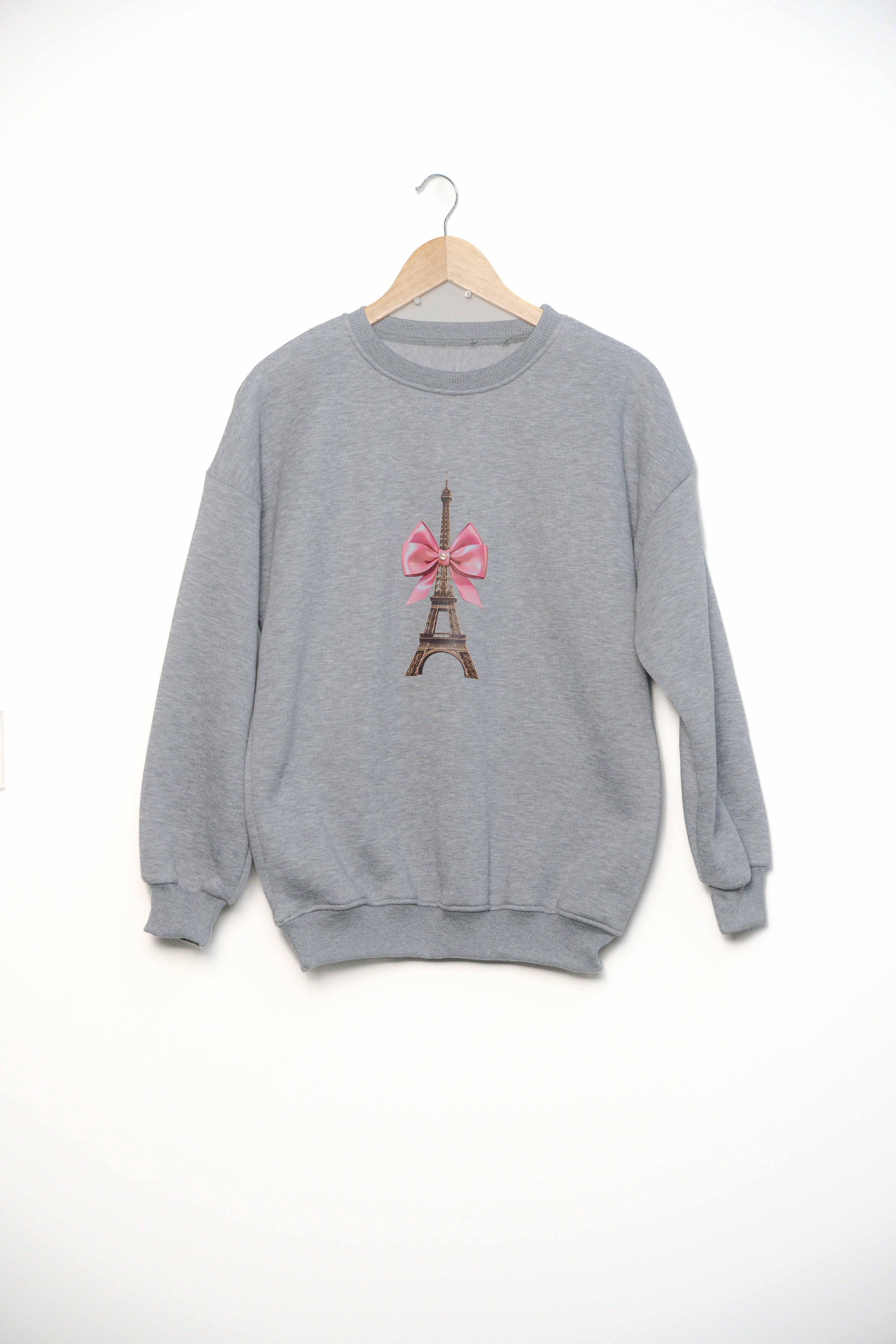 Bisiklet yaka 3 ip şardonlu paris kulesi baskılı sweatshirt