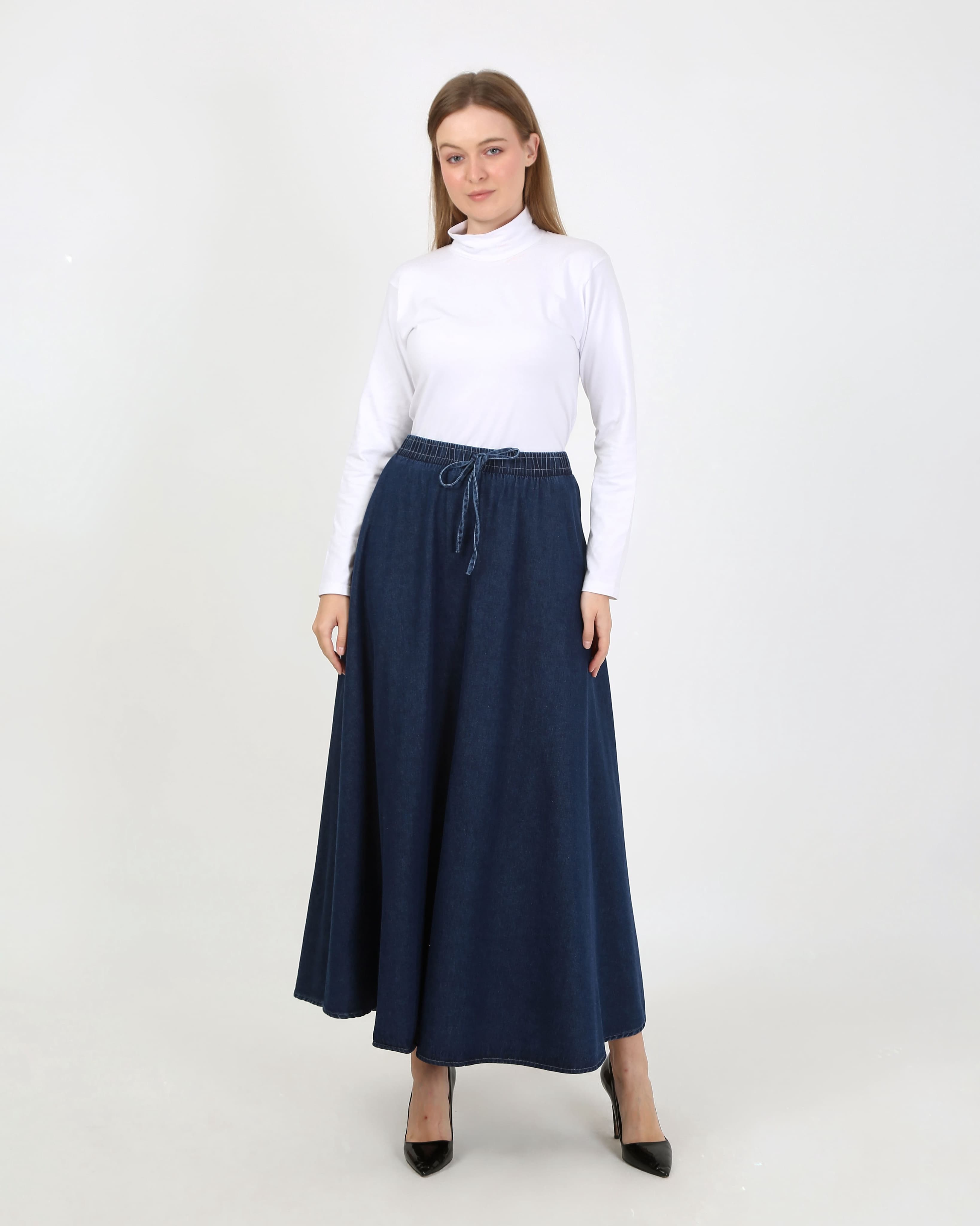 BELİ LASTİKLİ İPLİ KOT KLOŞ ETEK  2