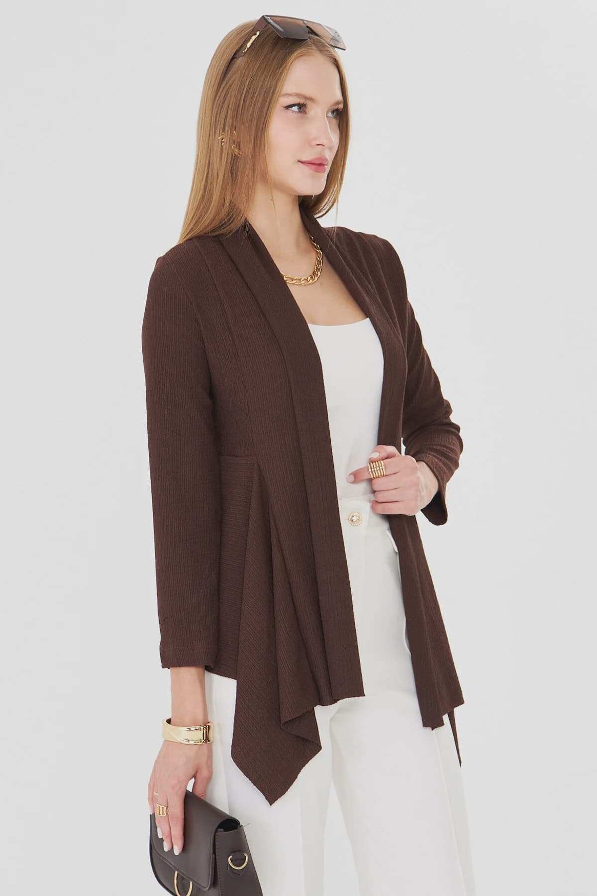 Kadın Kahve Desenli Triko Salaş Hırka ARM-26K001006 2