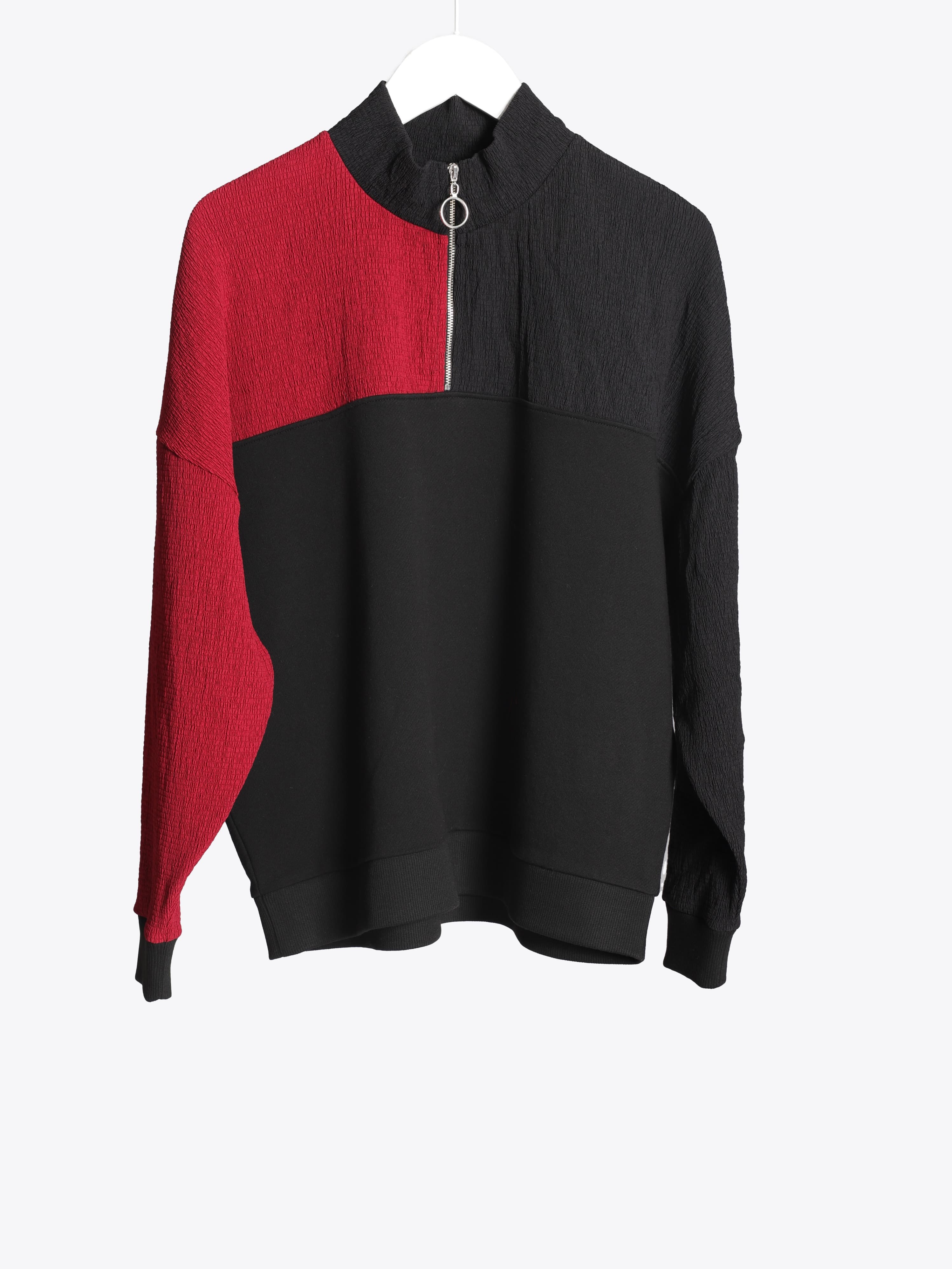 WOVEN MIX ZIP DETAIL SWEAT